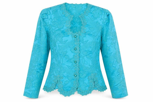 Front view of Nah Nah Collection Women’s Blue Floral Jacquard Suit Top, size UK 10