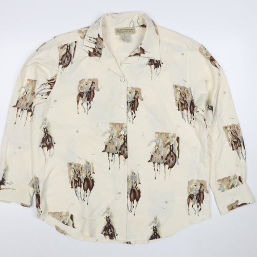 Jones New York Country Women’s Ivory Silk Polo Horse Print Button-Up Shirt Size 12