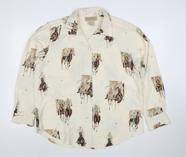 Jones New York Country Women’s Ivory Silk Polo Horse Print Button-Up Shirt Size 12