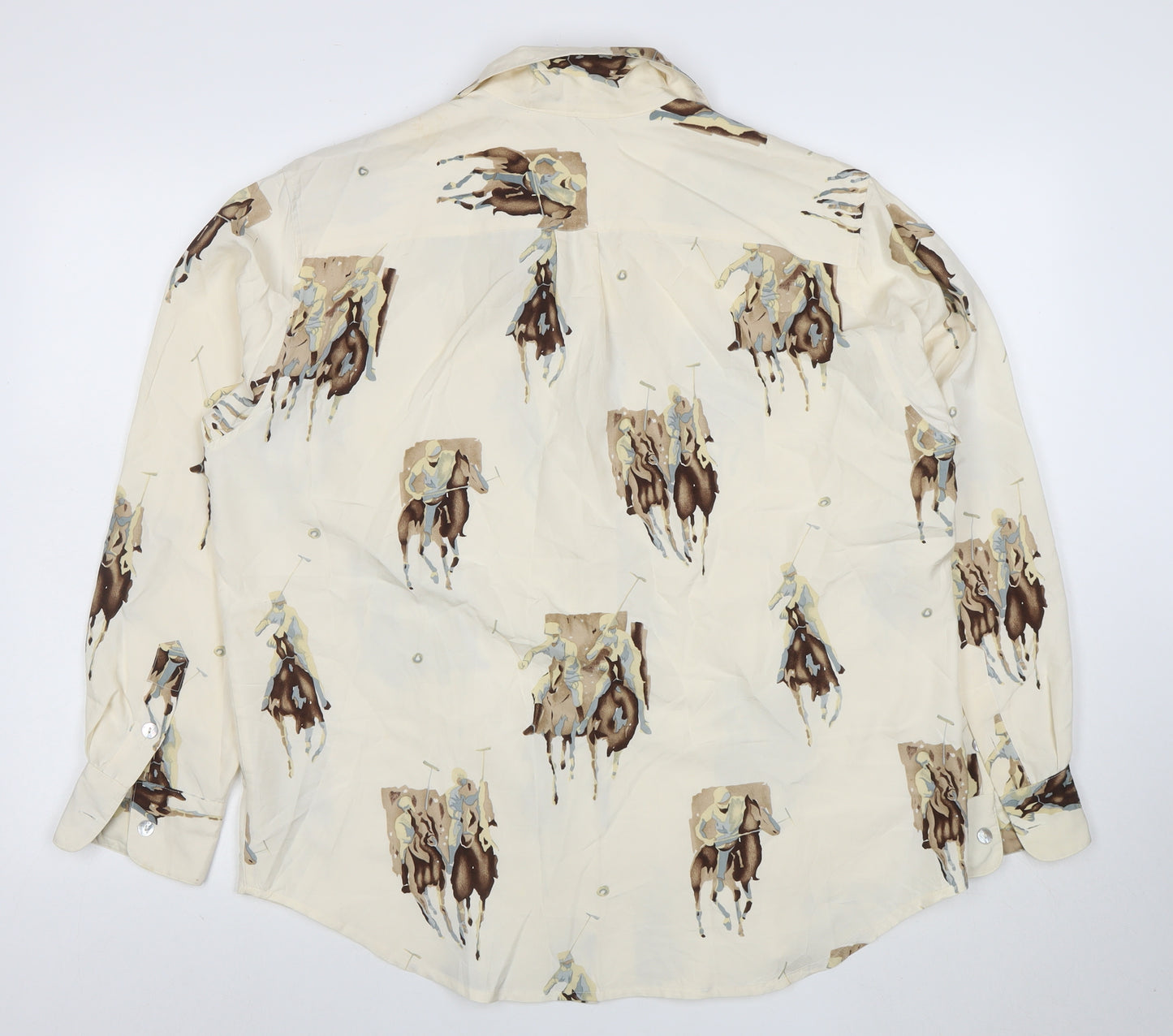 Jones New York Country Women’s Ivory Silk Polo Horse Print Button-Up Shirt Size 12