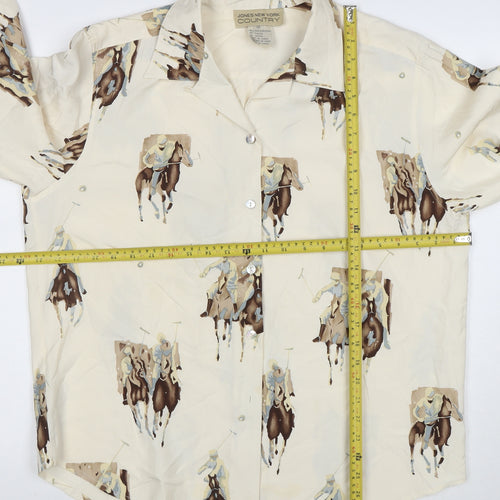 Jones New York Country Women’s Ivory Silk Polo Horse Print Button-Up Shirt Size 12
