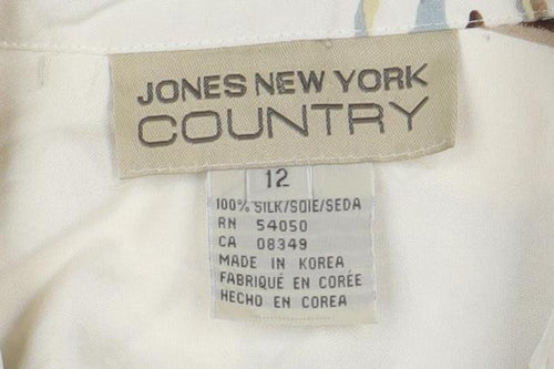 Jones New York Country Women’s Ivory Silk Polo Horse Print Button-Up Shirt Size 12