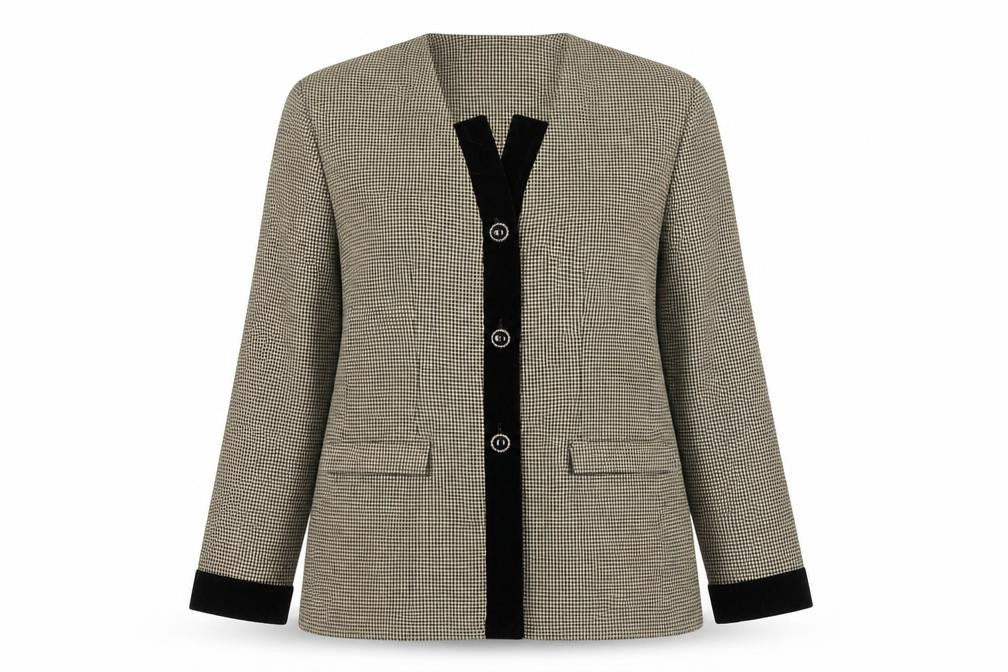 Front view of Melissa Harper women’s beige houndstooth velvet trim suit jacket, size UK 8