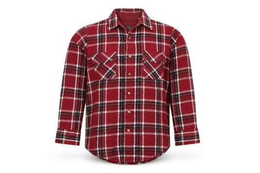 Front view of Birkdale Men's Red Plaid Flannel Long Sleeve Button-Up Shirt, size M