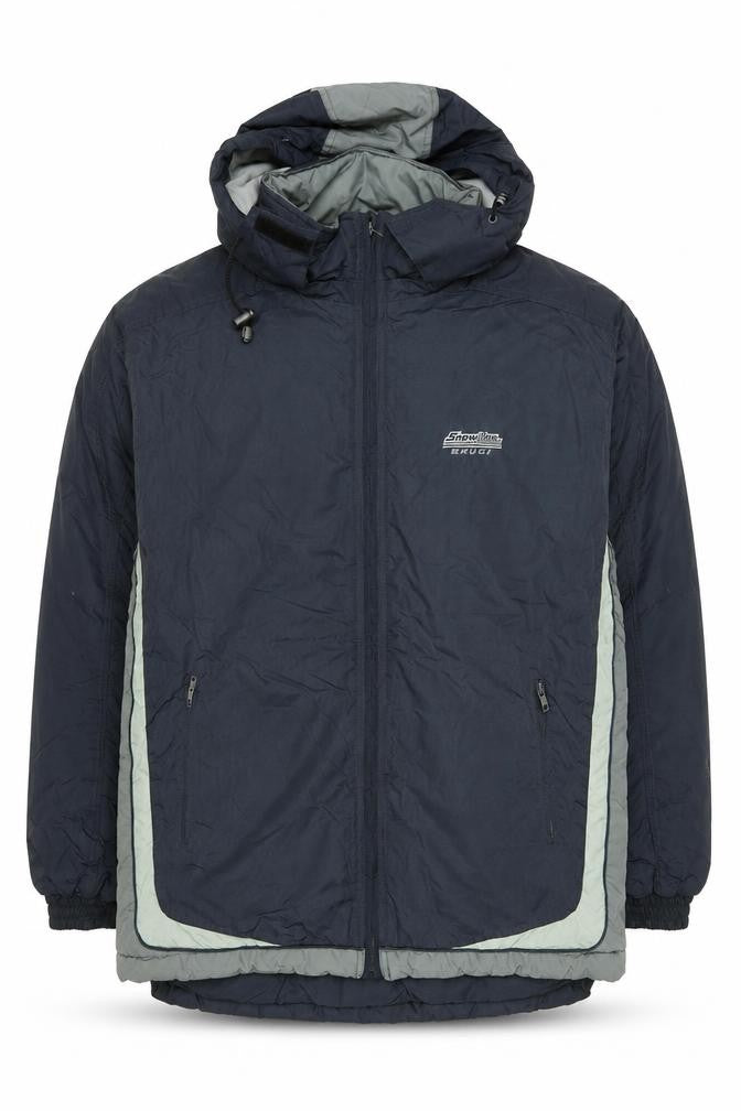 Front view of Brugi Men's Blue Mid-Length Puffer Jacket, size 52, Waterproof Hooded