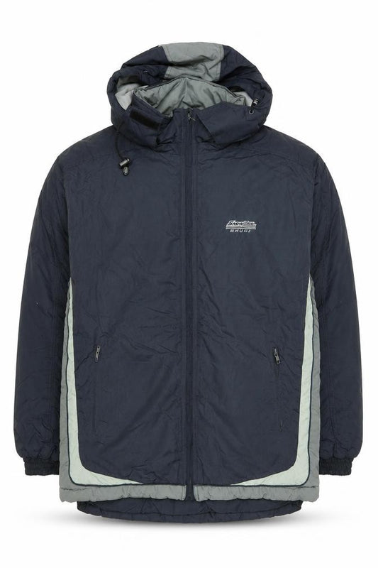 Front view of Brugi Men's Blue Mid-Length Puffer Jacket, size 52, Waterproof Hooded