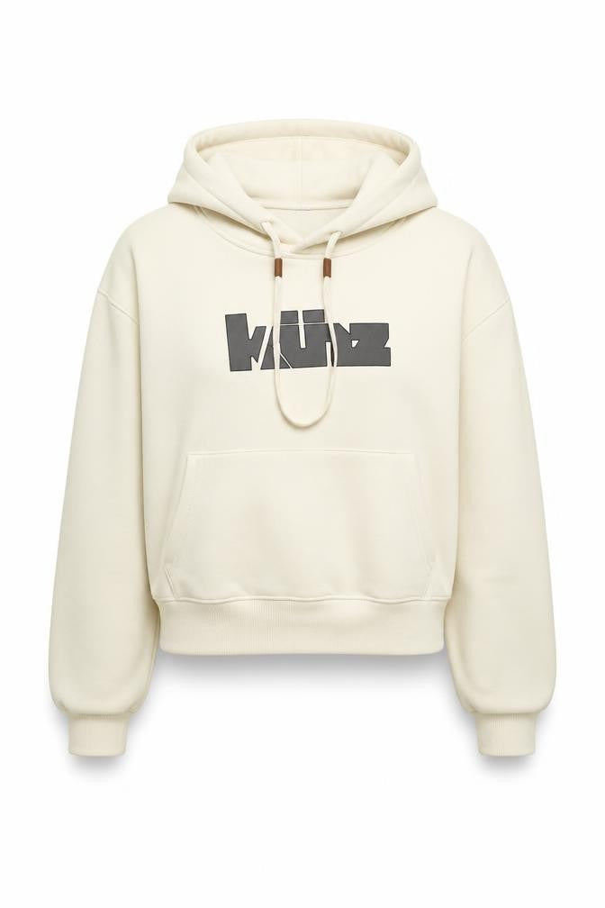 Front view of HELLOMILKTEE women’s beige pullover hoodie, size S, with logo print