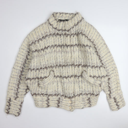 P.G.E. Women's Beige Chunky-Knit Wool Mohair Cardigan Size L