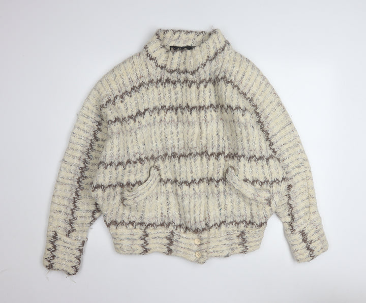 P.G.E. Women's Beige Chunky-Knit Wool Mohair Cardigan Size L
