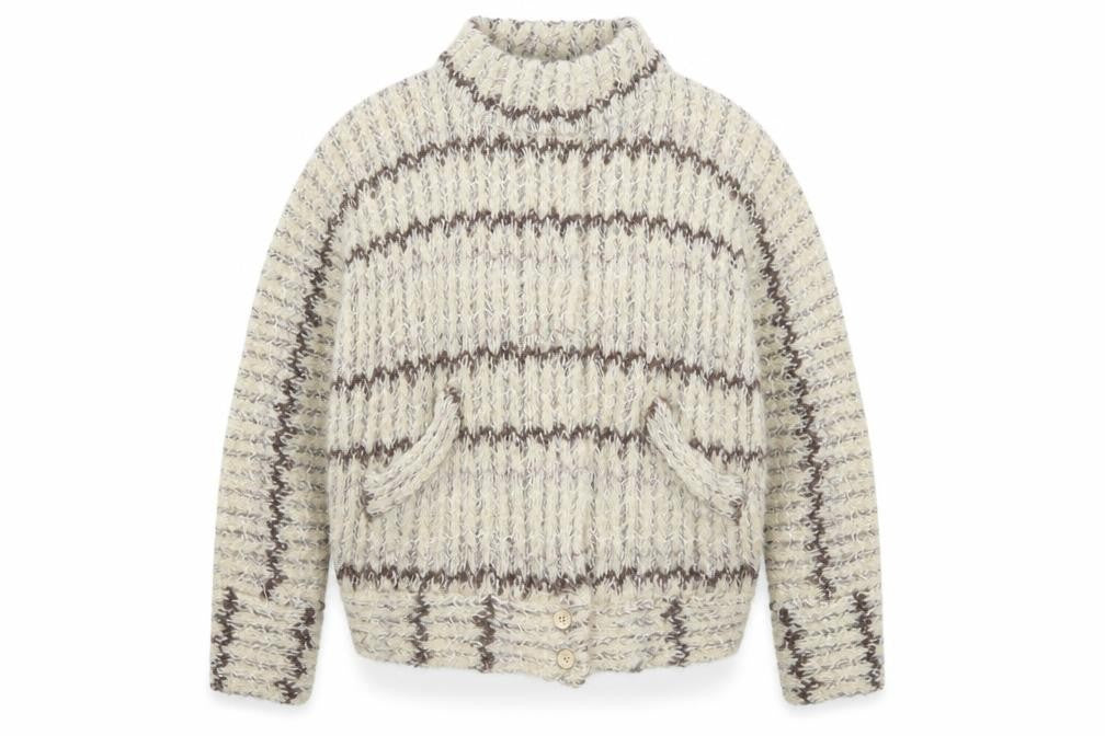Front view of P.G.E. Women's Beige Chunky-Knit Wool Mohair Cardigan, size L