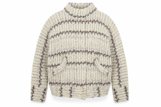 Front view of P.G.E. Women's Beige Chunky-Knit Wool Mohair Cardigan, size L
