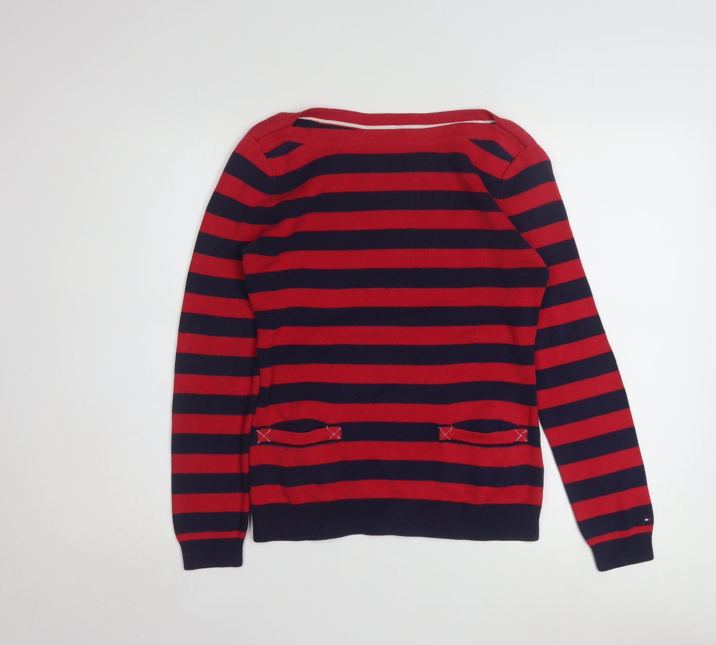 Tommy Hilfiger Women's Red Striped Boat Neck Cotton Jumper Size S