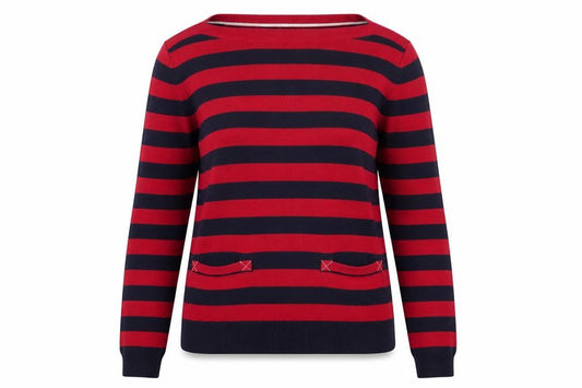 Front view of Tommy Hilfiger Women's Red Striped Boat Neck Cotton Jumper, size S