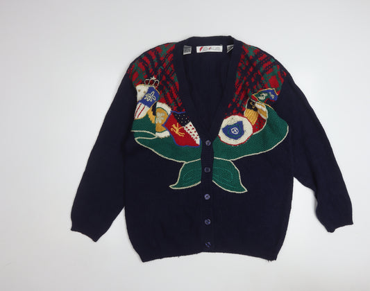 Chaus Women's Blue Embroidered Fair Isle Knit Cardigan L