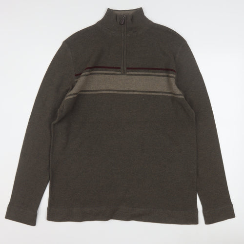 REUNION Men’s Brown 1/4 Zip High Neck Striped Jumper Size L