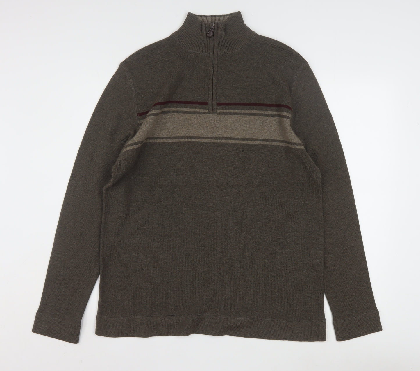 REUNION Men’s Brown 1/4 Zip High Neck Striped Jumper Size L