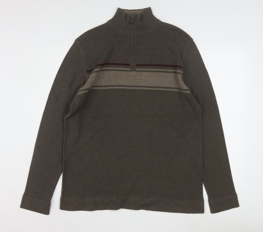 REUNION Men’s Brown 1/4 Zip High Neck Striped Jumper Size L