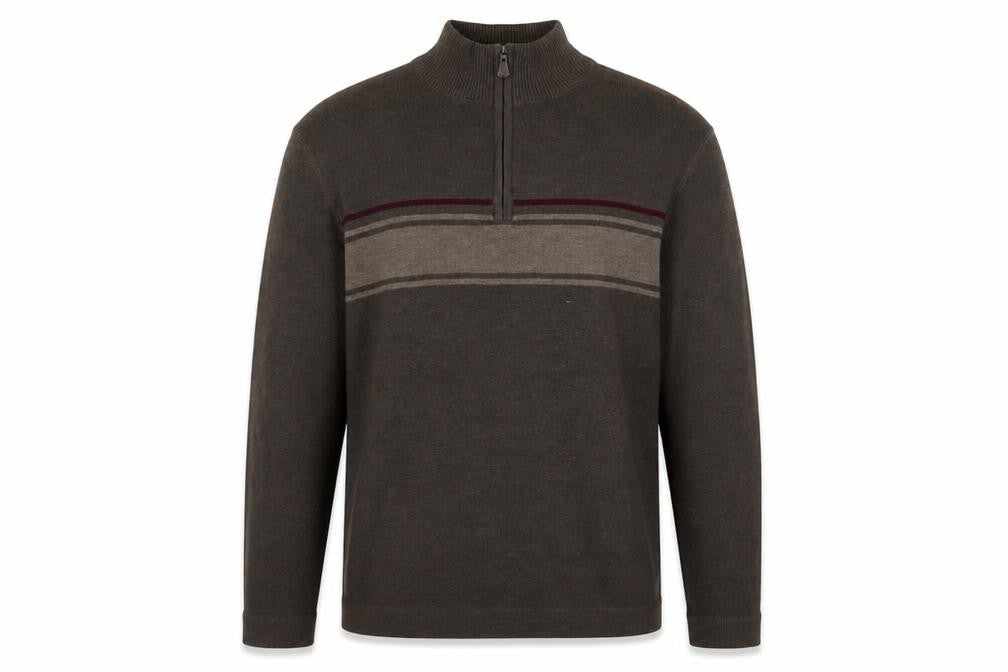 REUNION Men’s Brown 1/4 Zip High Neck Striped Jumper Size L