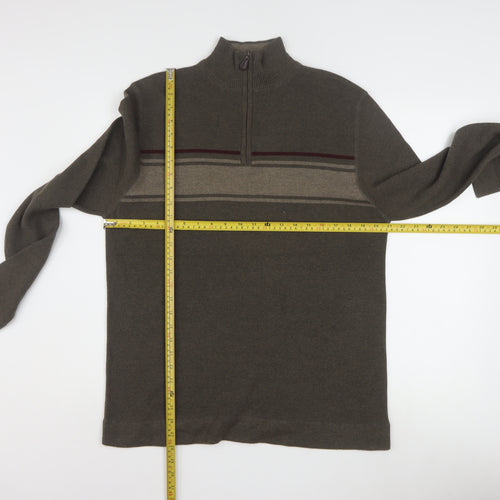REUNION Men’s Brown 1/4 Zip High Neck Striped Jumper Size L