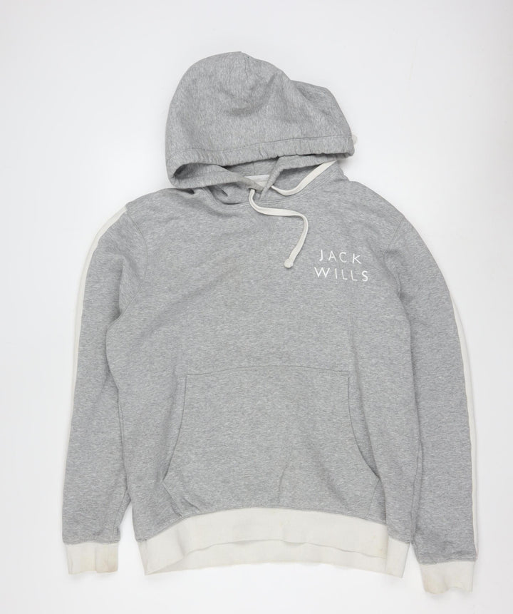 Jack Wills Men's Grey Pullover Hoodie L Logo Cotton Blend