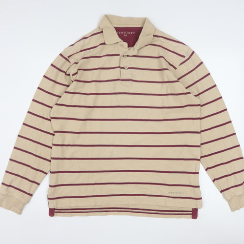 Tyrwhitt Men's Beige Striped Long Sleeve Cotton Polo Shirt Size M