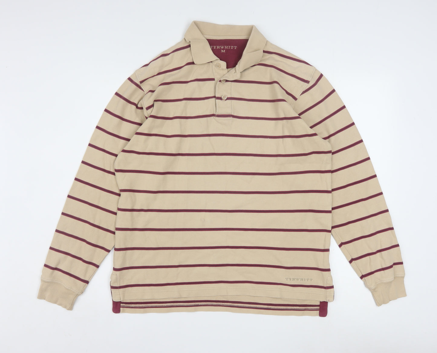 Tyrwhitt Men's Beige Striped Long Sleeve Cotton Polo Shirt Size M