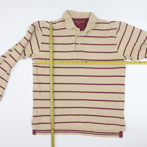 Tyrwhitt Men's Beige Striped Long Sleeve Cotton Polo Shirt Size M