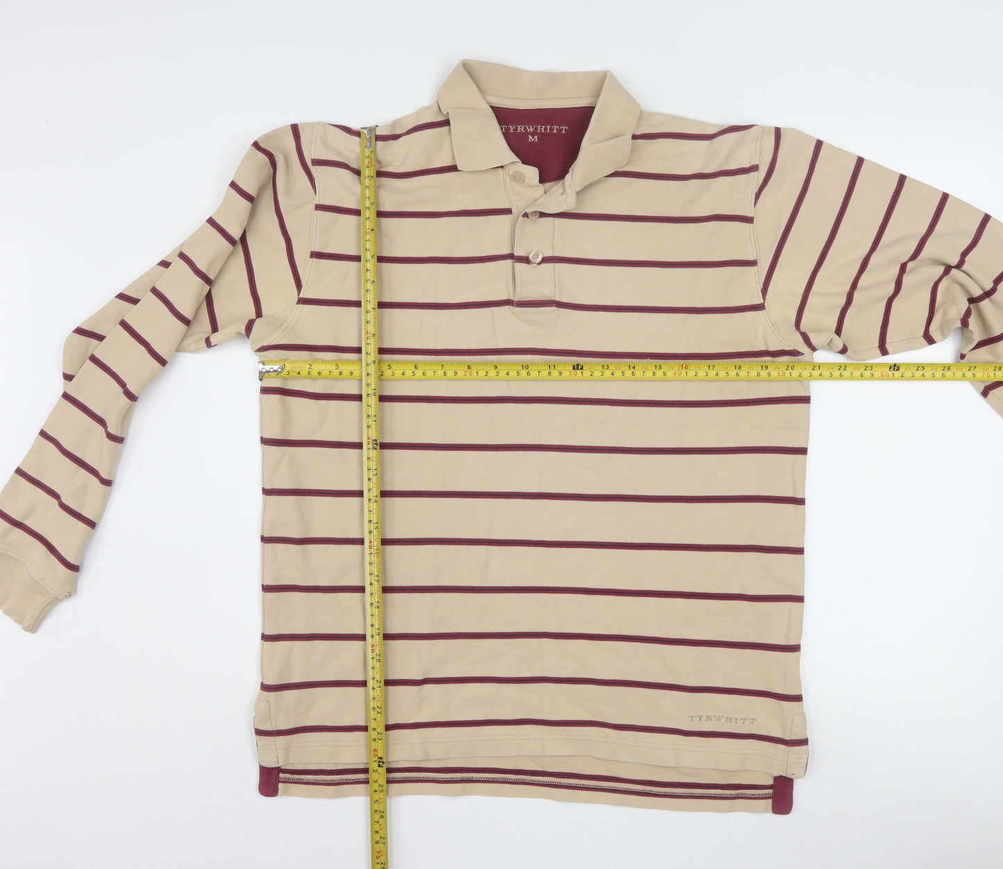 Tyrwhitt Men's Beige Striped Long Sleeve Cotton Polo Shirt Size M