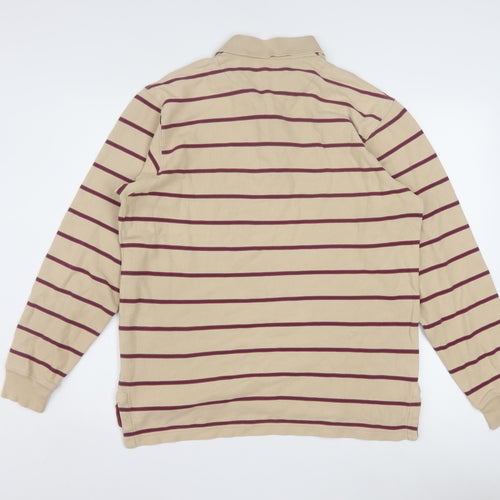 Tyrwhitt Men's Beige Striped Long Sleeve Cotton Polo Shirt Size M