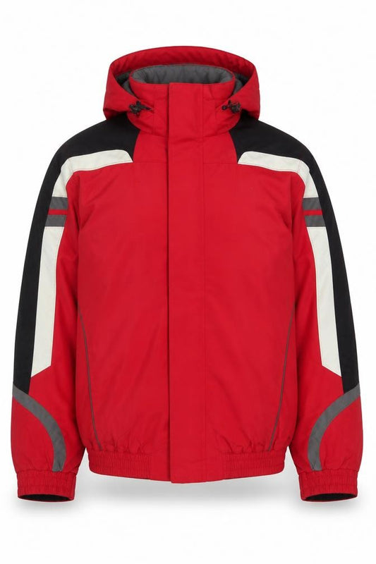 Front view of Brugi Men's Red Waterproof Ski Jacket Hooded, size 40, Regular Fit