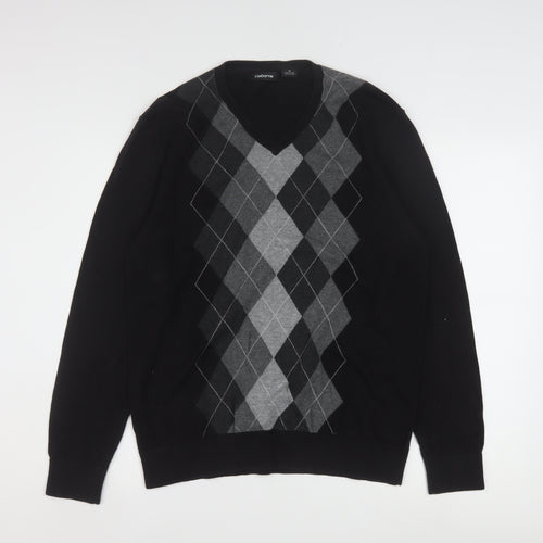 Claiborne Men's Black Argyle V-Neck Cotton Jumper Size M