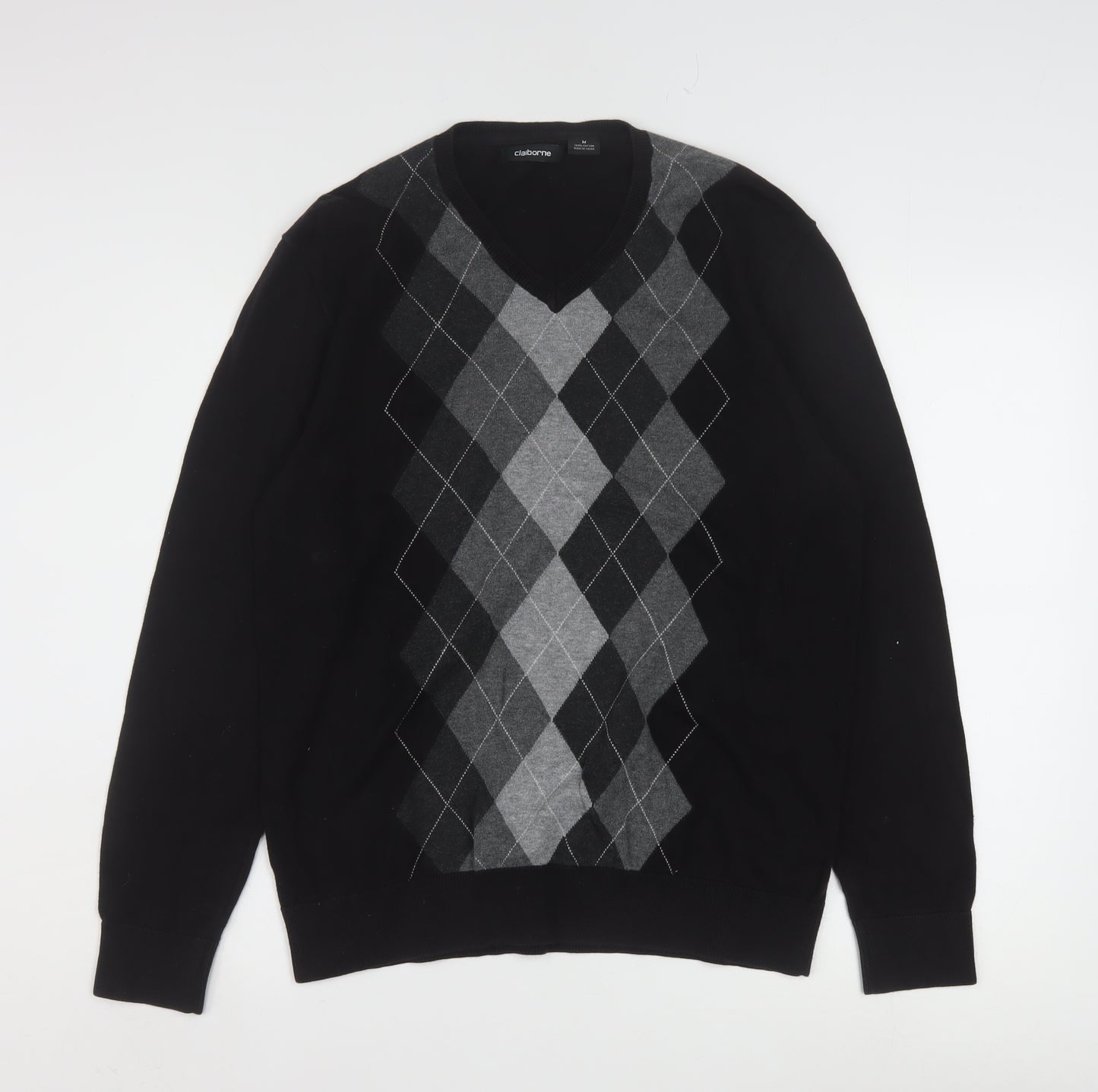 Claiborne Men's Black Argyle V-Neck Cotton Jumper Size M
