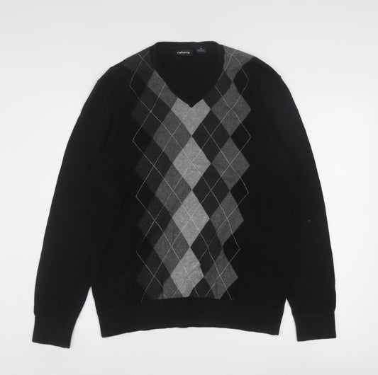 Claiborne Men's Black Argyle V-Neck Cotton Jumper Size M