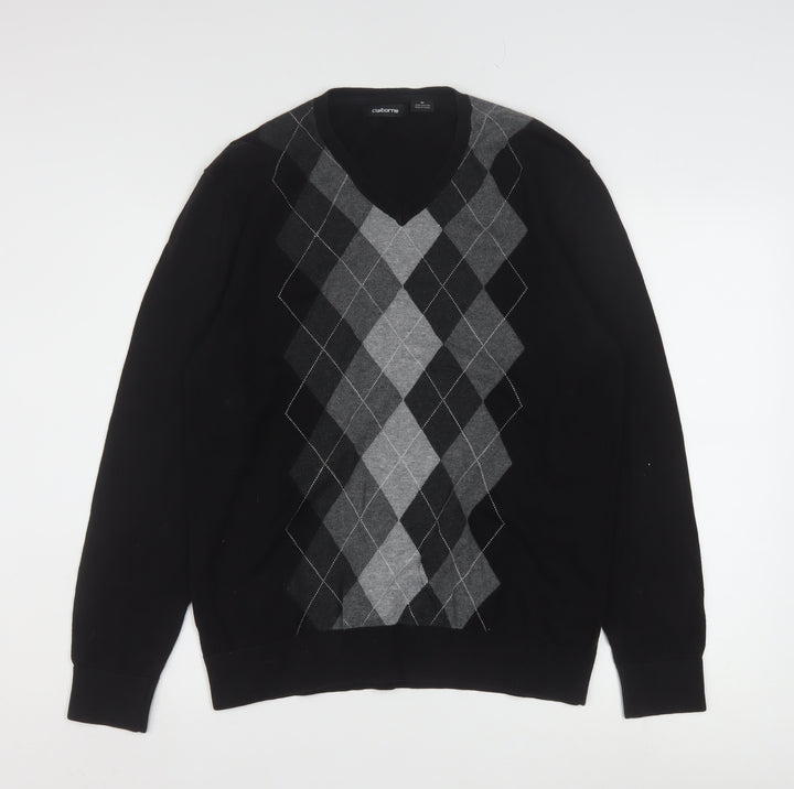 Claiborne Men's Black Argyle V-Neck Cotton Jumper Size M