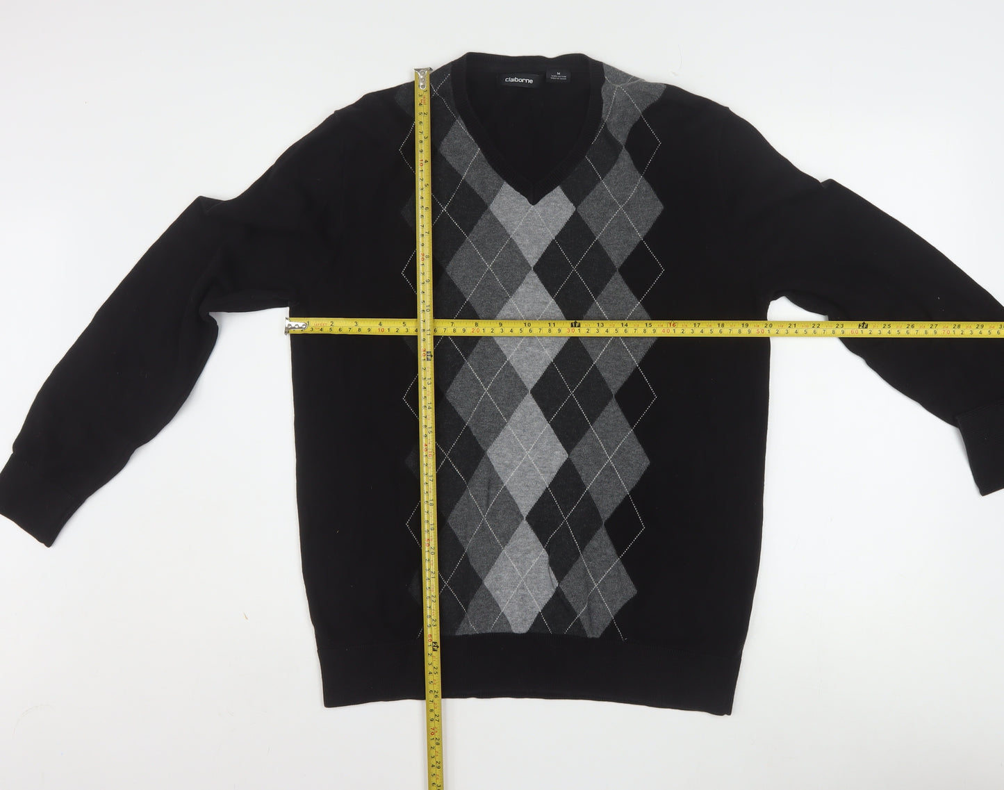 Claiborne Men's Black Argyle V-Neck Cotton Jumper Size M
