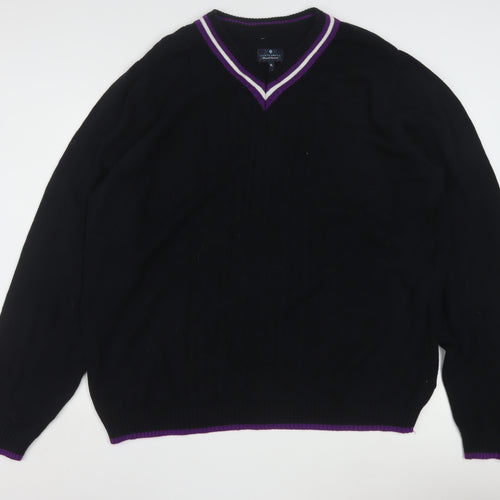 Tartan Blu Men's Black Purple Trim V-Neck Cotton Jumper XL