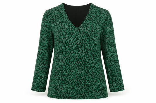 Front view of Hobbs women’s green geometric v-neck long sleeve tunic blouse, size S