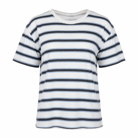 Front view of Jigsaw Women's Blue Striped Linen T-Shirt XS Relaxed Fit