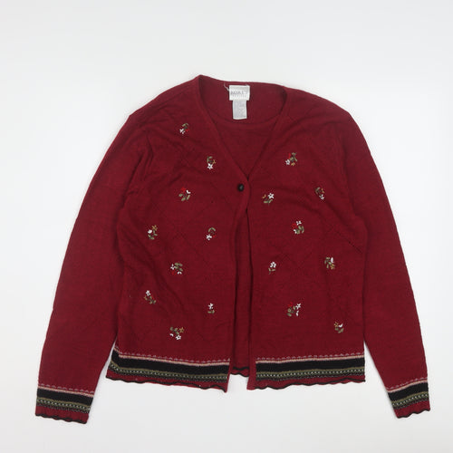 Koret Petites Red Floral Embroidered Knit Cardigan Women’s M Petite