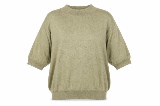 Front view of Pappagallo Women’s Beige Short Sleeve Knit Blouse L Rayon