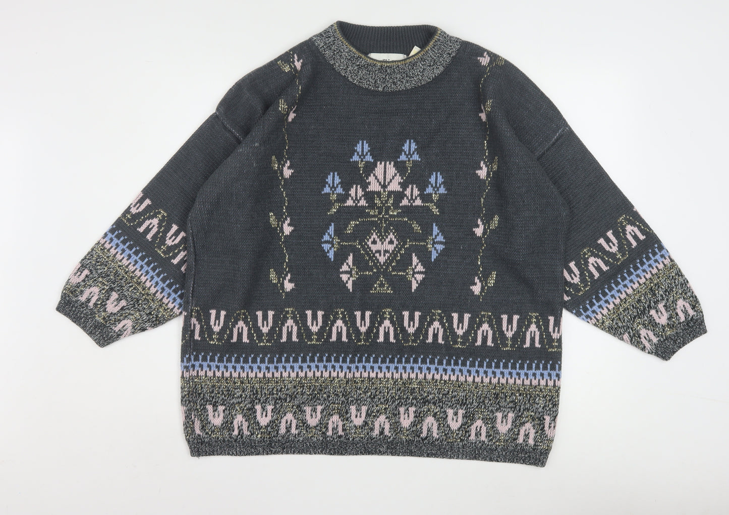 Editions Womens Grey Metallic Knit Bohemian Crew Neck Pullover Jumper One Size