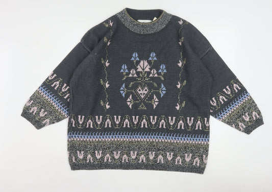 Editions Womens Grey Metallic Knit Bohemian Crew Neck Pullover Jumper One Size