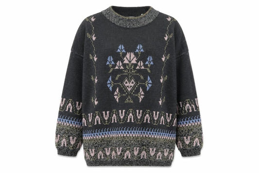 Front view of Editions women’s grey metallic knit bohemian crew neck jumper one size