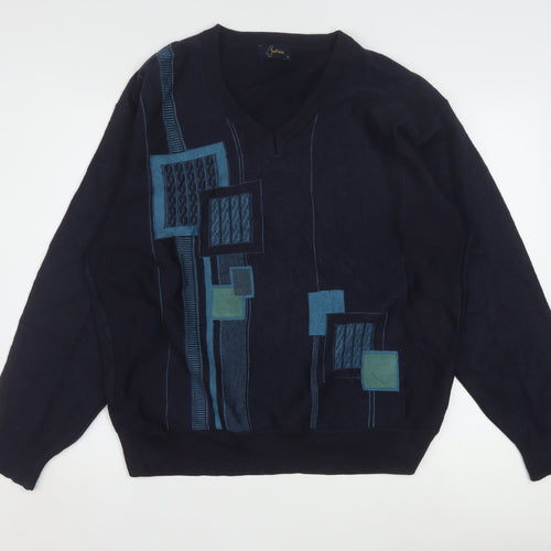 Gabicci Men's Blue Geometric V-Neck Pullover Jumper L Retro Acrylic