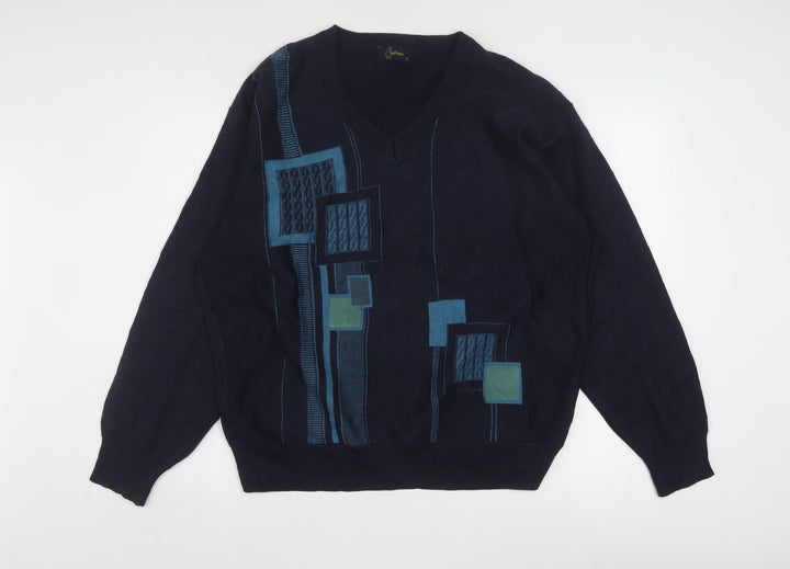 Gabicci Men's Blue Geometric V-Neck Pullover Jumper L Retro Acrylic