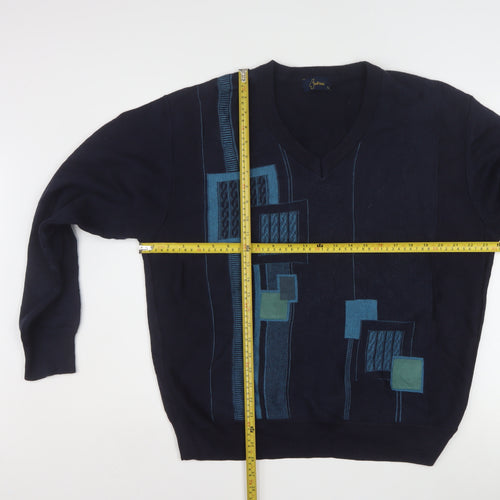 Gabicci Men's Blue Geometric V-Neck Pullover Jumper L Retro Acrylic