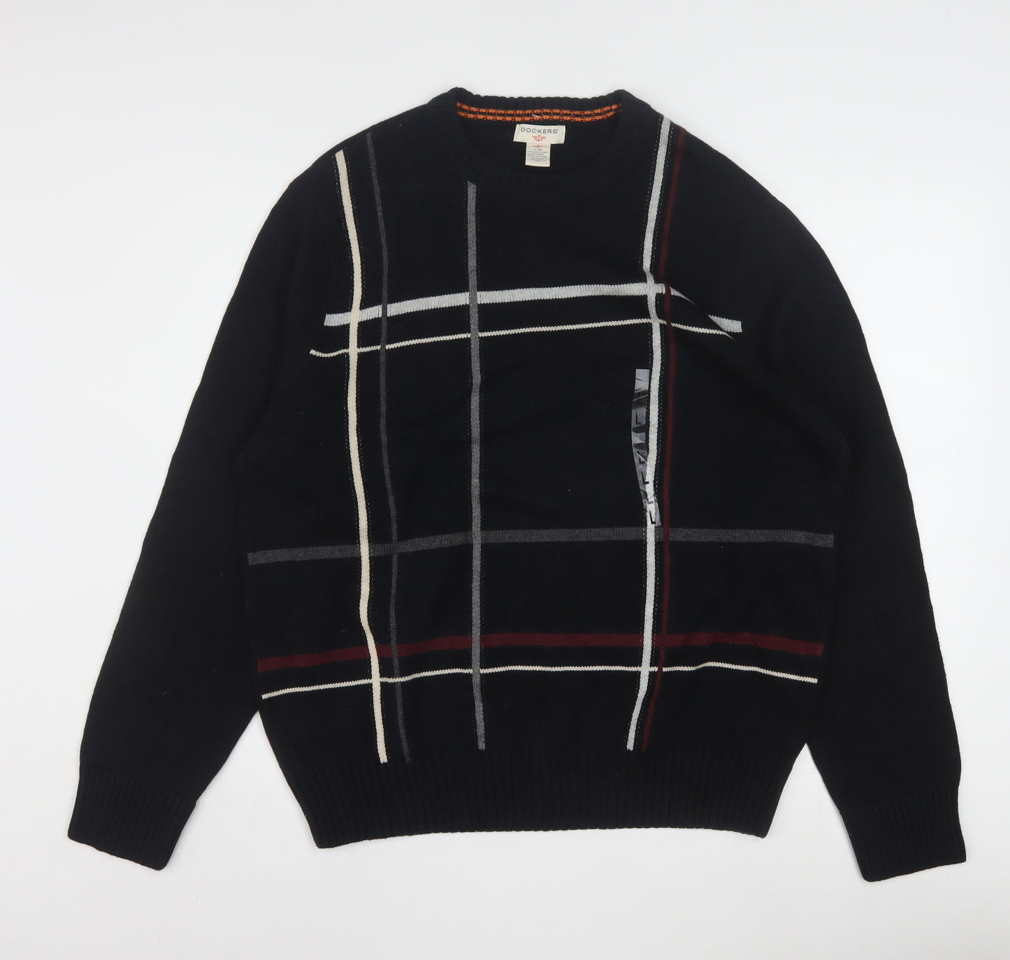 Dockers Men Black Check Cotton Crew Neck Pullover Jumper L