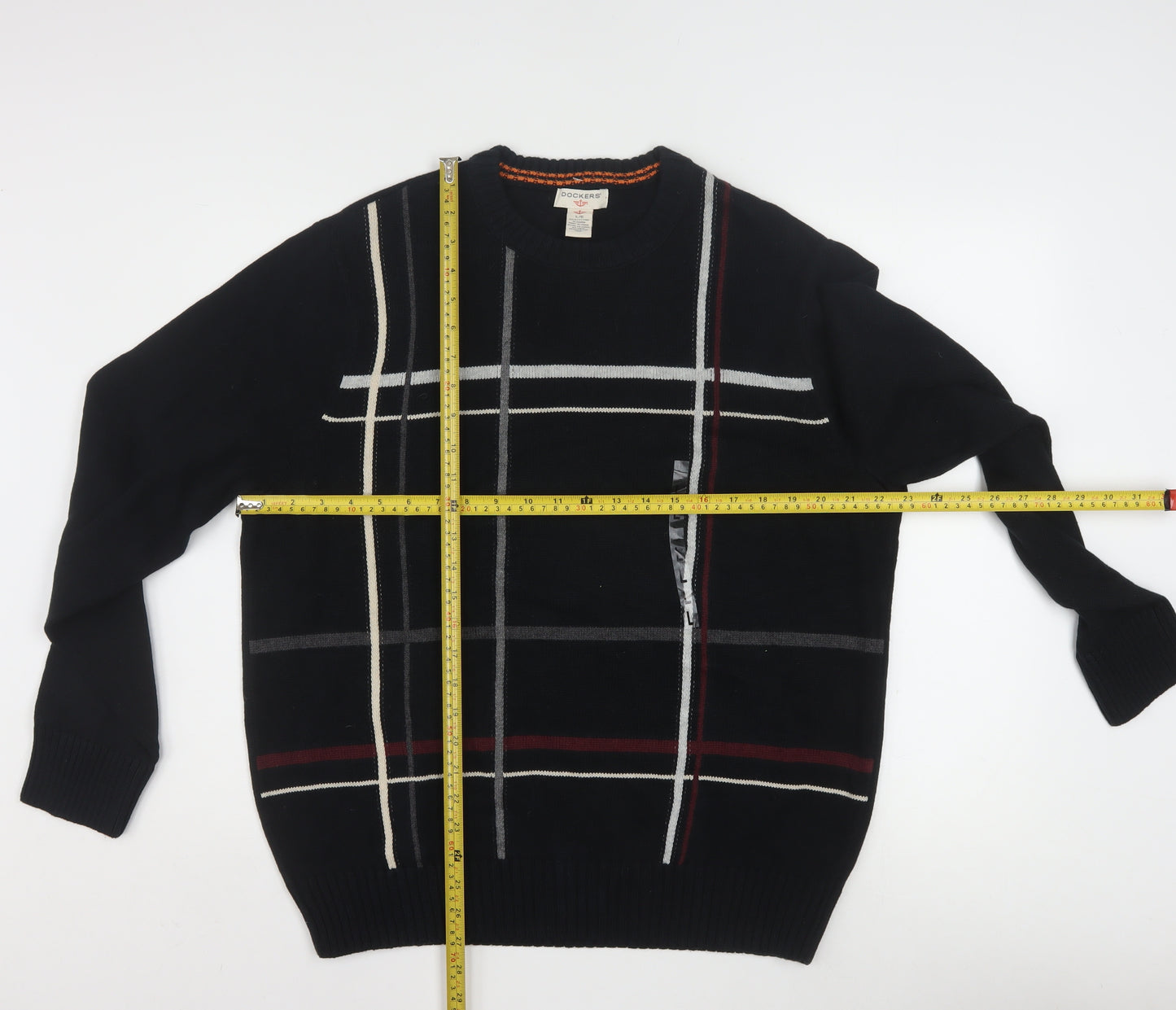 Dockers Men Black Check Cotton Crew Neck Pullover Jumper L