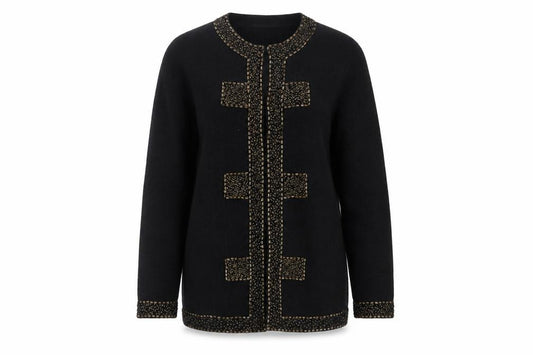 Front view of Nonpareil Women's Black Acrylic Cardigan Small Embellished Trim