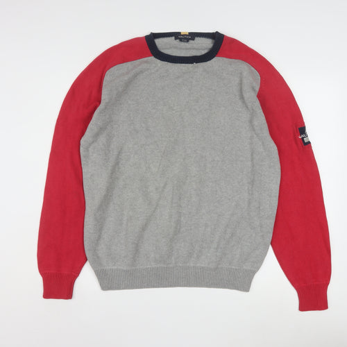 Nautica Men's Grey Red Cotton Crew Neck Pullover Jumper M